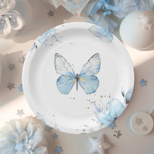 Boho Butterfly Wildflower Floral Blue Baby Shower Pappteller