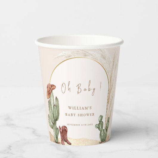 Boho Cactus Arch Desert Cowboy Baby Shower Pappbecher (Rückseite)