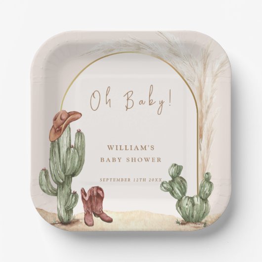Boho Cactus Arch Desert Cowboy Baby Shower Pappteller (Vorderseite)