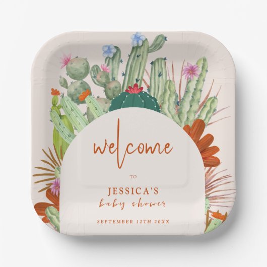 Boho Cactus Arch Desert Pampas Baby Dusche Willkom Pappteller (Vorderseite)