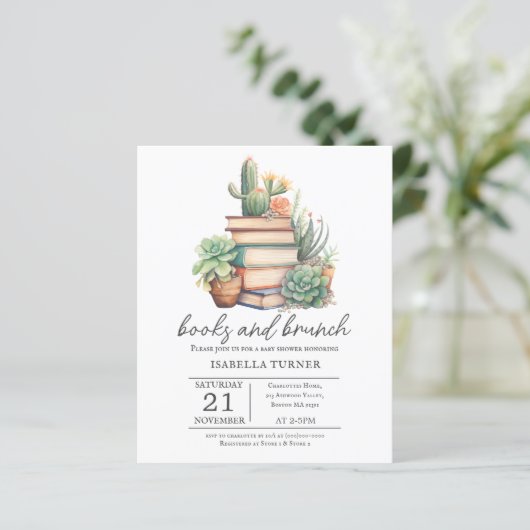 Boho Cactus Books & Brunch Kinderdusche Einladung (Stehend Vorderseite)