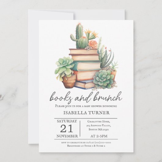 Boho Cactus Books & Brunch Kinderdusche Einladung (Vorderseite)