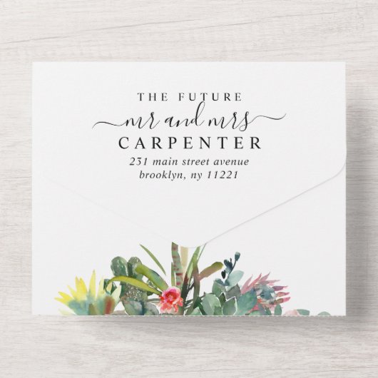 Boho Cactus Cacti Sukkulente Wüste Blumenhochzeit All In One Einladung (Rückseite)