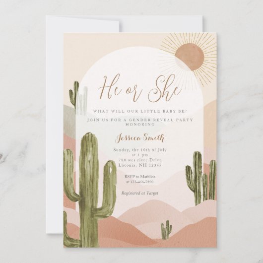 Boho Cactus Dessert He or She Gender Reveal Einladung (Vorderseite)