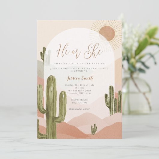 Boho Cactus Dessert He or She Gender Reveal Einladung (Stehend Vorderseite)