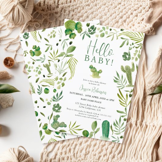 Boho cactus green gender neutral hello baby shower einladung