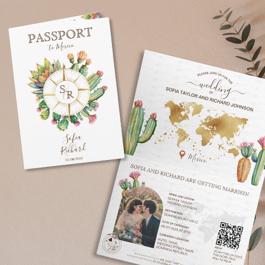 Boho Cactus Hochzeit in Urlaubsort Passport QR Cod Einladung
