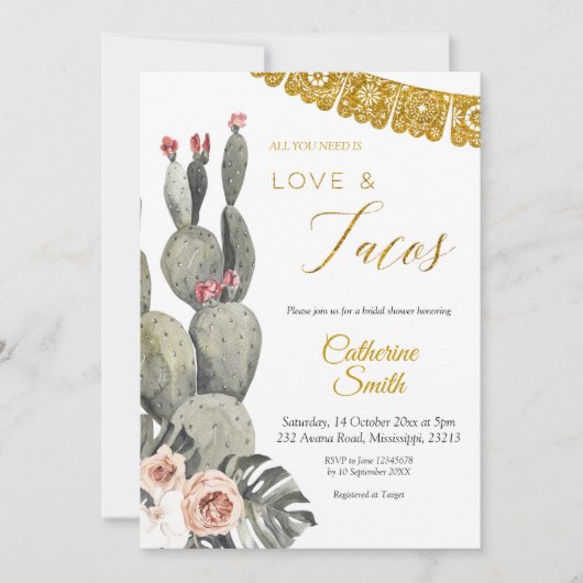 Boho Cactus Liebe und Tacos Brautparty Einladung (Vorderseite)