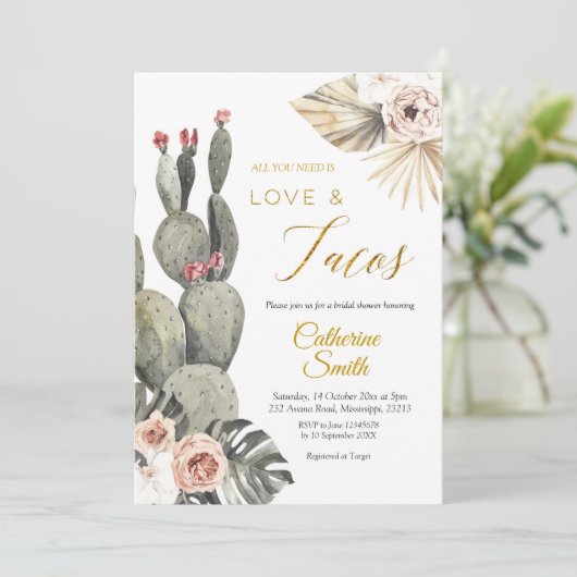 Boho Cactus Liebe und Tacos Brautparty Einladung (Stehend Vorderseite)