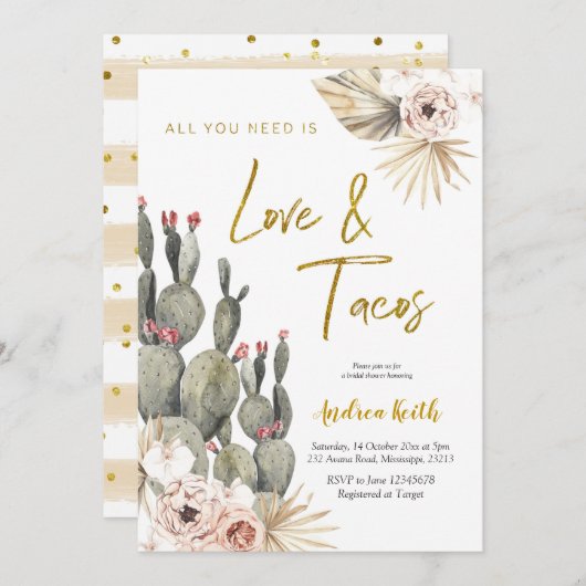 Boho Cactus Liebe und Tacos Brautparty Einladung (Vorne/Hinten)