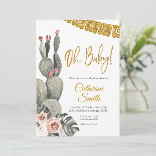 Boho Cactus Oh Baby Shower Einladung (Stehend Vorderseite)