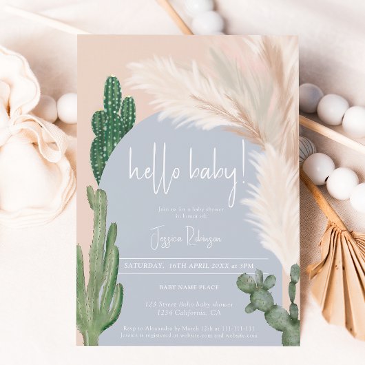 Boho cactus pampas arch boy hello baby dusche einladung