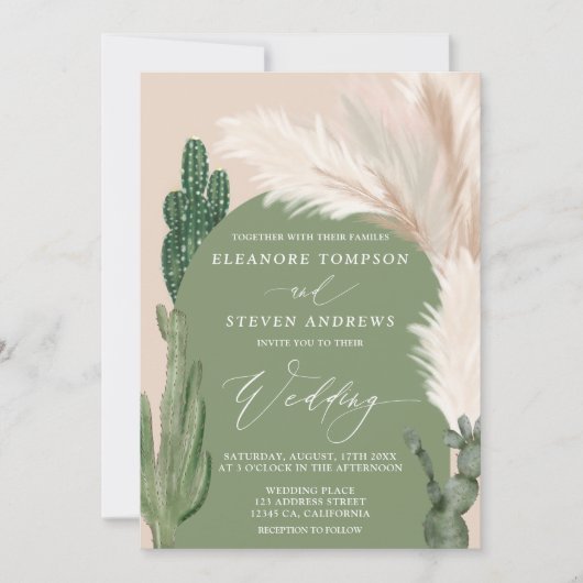 Boho cactus pampas arch green earth tone wedding einladung (Vorderseite)