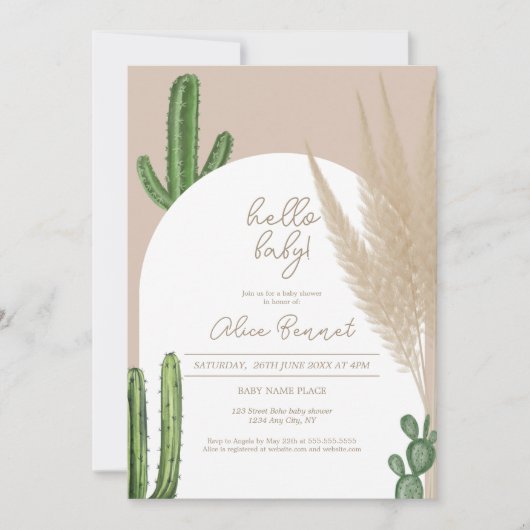 Boho cactus pampas arch hello baby dusche einladung (Vorderseite)