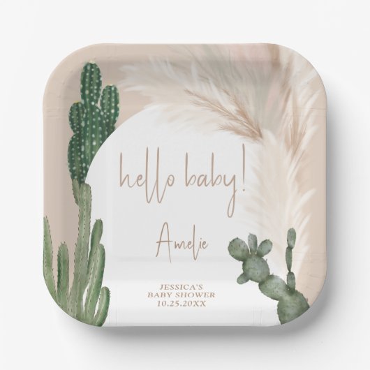 Boho cactus pampas arch hello baby dusche pappteller (Vorderseite)
