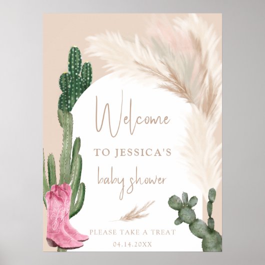 Boho cactus pampas boots Baby Willkommensdusche Poster (Vorne)