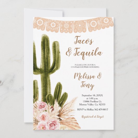 Boho Cactus Pampas Grass Couples Dusche Einladung (Vorderseite)