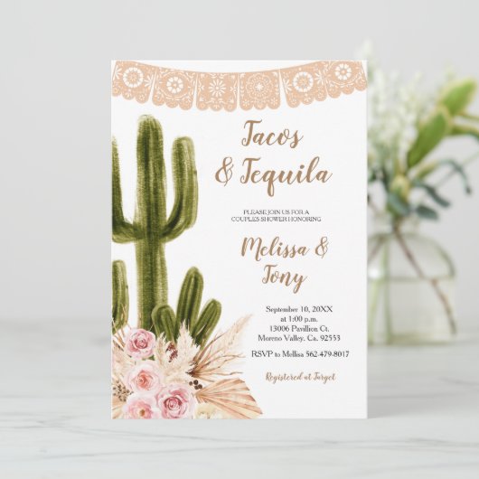 Boho Cactus Pampas Grass Couples Dusche Einladung (Stehend Vorderseite)