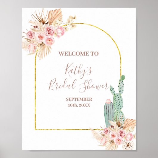 Boho Cactus Pink Blume Brautparty Begrüßungszeiche Poster (Vorne)