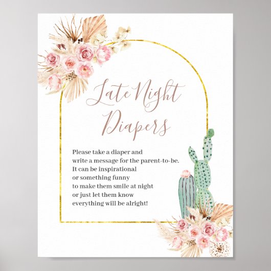 Boho Cactus Pink Blume Spätnächtliche Windeln sign Poster (Vorne)