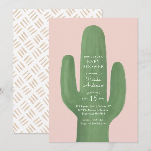 Boho Cactus Pink Gold Girl Baby Shower Einladung (Vorne/Hinten)