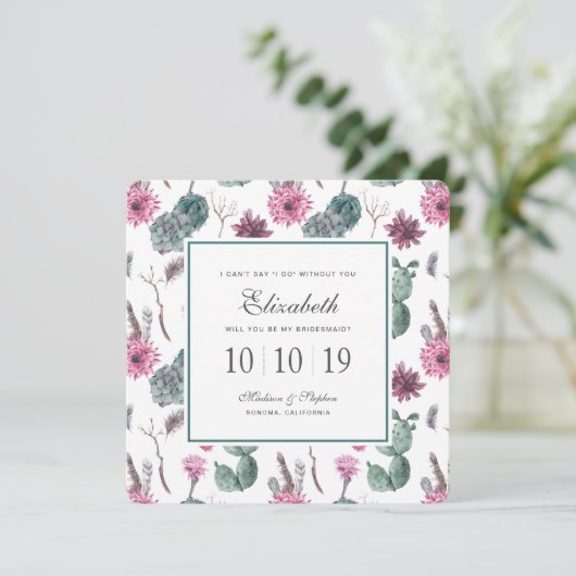 Boho Cactus, Succulent & Floral - Bridesmaid Einladung (Stehend Vorderseite)