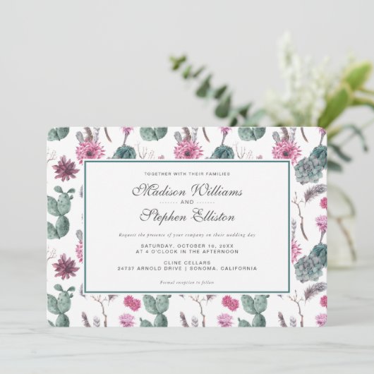 Boho Cactus, Succulent & Floral - Hochzeit Einladung (Stehend Vorderseite)