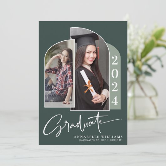 Boho Calligraphy Arch Zwei Foto Abschluss Einladung (Stehend Vorderseite)