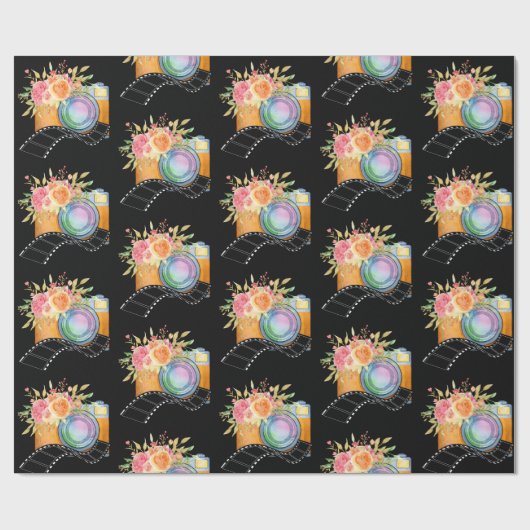 Boho Camera & Florals Wasserfarben Muster Geschenkpapier (Flach)