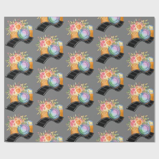 Boho Camera & Florals Wasserfarben Muster Geschenkpapier (Flach)