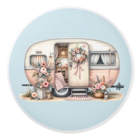 Boho Camper mit Blumenreath und Pastellen Pink Keramikknauf (Vorderseite)