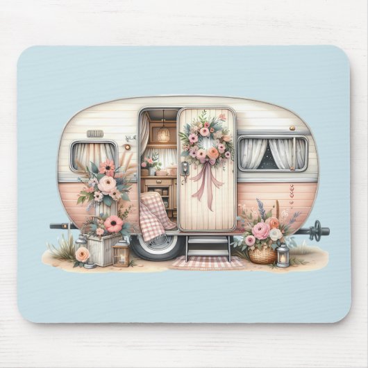Boho Camper mit Blumenreath und Pastellen Pink Mousepad (Vorne)