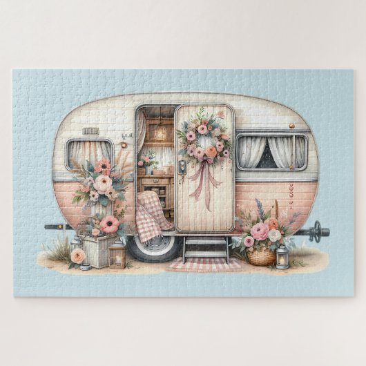 Boho Camper mit Blumenreath und Pastellen Pink Puzzle (Horizontal)