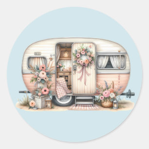 Boho Camper mit Blumenreath und Pastellen Pink Runder Aufkleber