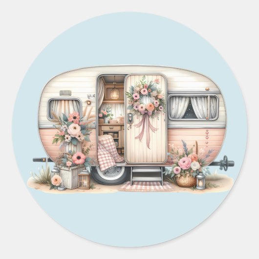 Boho Camper mit Blumenreath und Pastellen Pink Runder Aufkleber (Vorderseite)