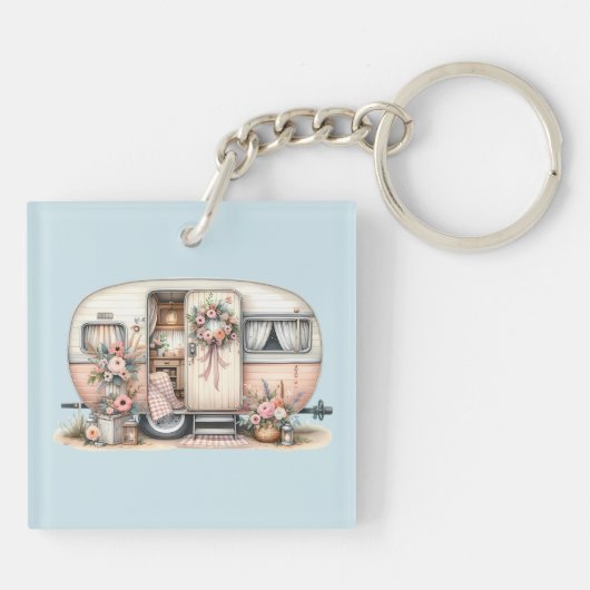 Boho Camper mit Blumenreath und Pastellen Pink Schlüsselanhänger (Rückseite)