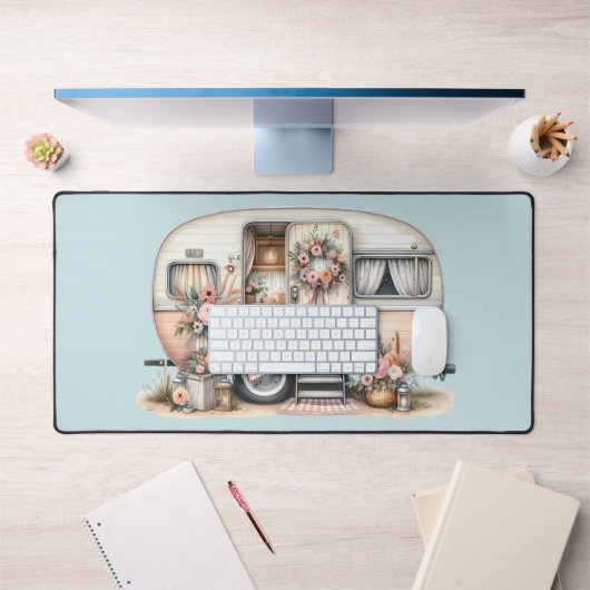 Boho Camper mit Blumenreath und Pastellen Pink Schreibtischunterlage (Büro 1)