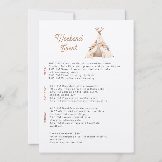 Boho Camping Bachelorette Weekend Party Einladung (Rückseite)
