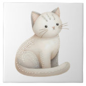 Boho Cat Keramik Tile bestickt Beige Kitty Fliese (Vorderseite)