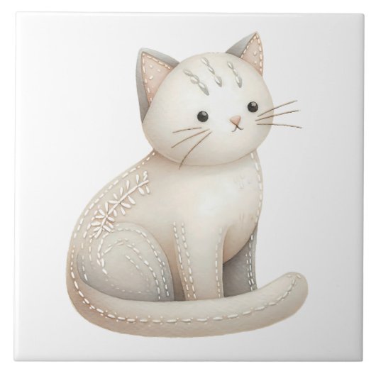 Boho Cat Keramik Tile bestickt Beige Kitty Fliese (Vorderseite)