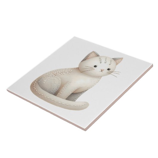 Boho Cat Keramik Tile bestickt Beige Kitty Fliese (Seite)