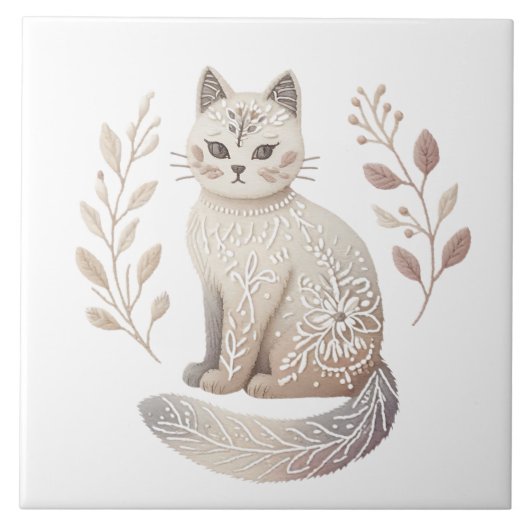 Boho Cat Minimalistisch Feline Decorative Kunst Fliese (Vorderseite)