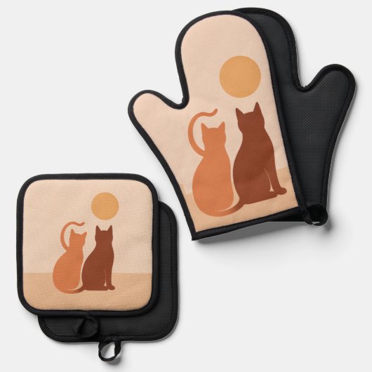 Boho Cats Sunset Wüste Ofenhandschuh & Topflappen-Set (Vorderseite/Rückseite)