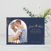 Boho Celestial Arch Foto Wedding Save The Date (Stehend Vorderseite)