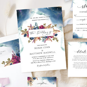 Boho Celestial Blaue, Türkise und Violette Florale Einladung