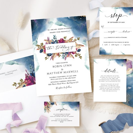 Boho Celestial Blue, Aquamarine und Lila Blumenhoc Einladung