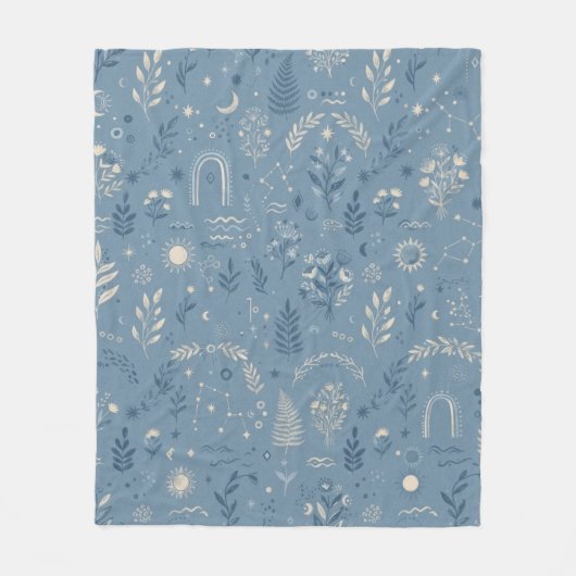 Boho Celestial Botanical Dusty Blue Kuscheldecke Fleecedecke (Vorderseite)
