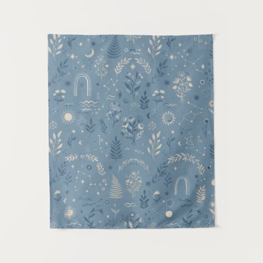 Boho Celestial Botanischer Staubblauer Wandbehang Wandteppich (Vorderseite)