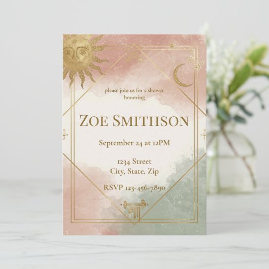 Boho Celestial Dusche Einladung Terracotta (Stehend Vorderseite)