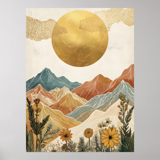Boho Celestial Großer Goldener Sonnengipfel Poster (Vorne)